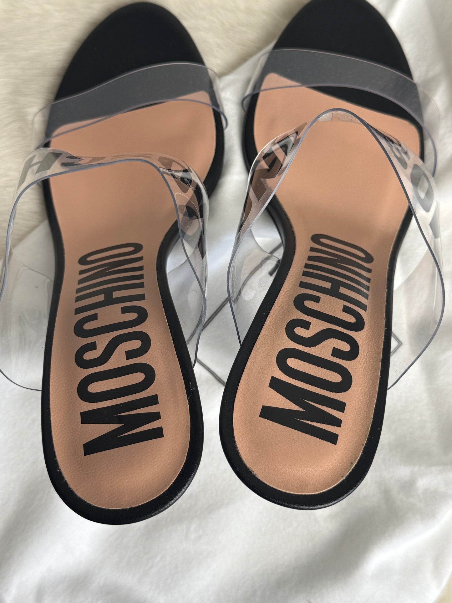 Moschino Couture Clear Black Logo Transparent Sandal Heels