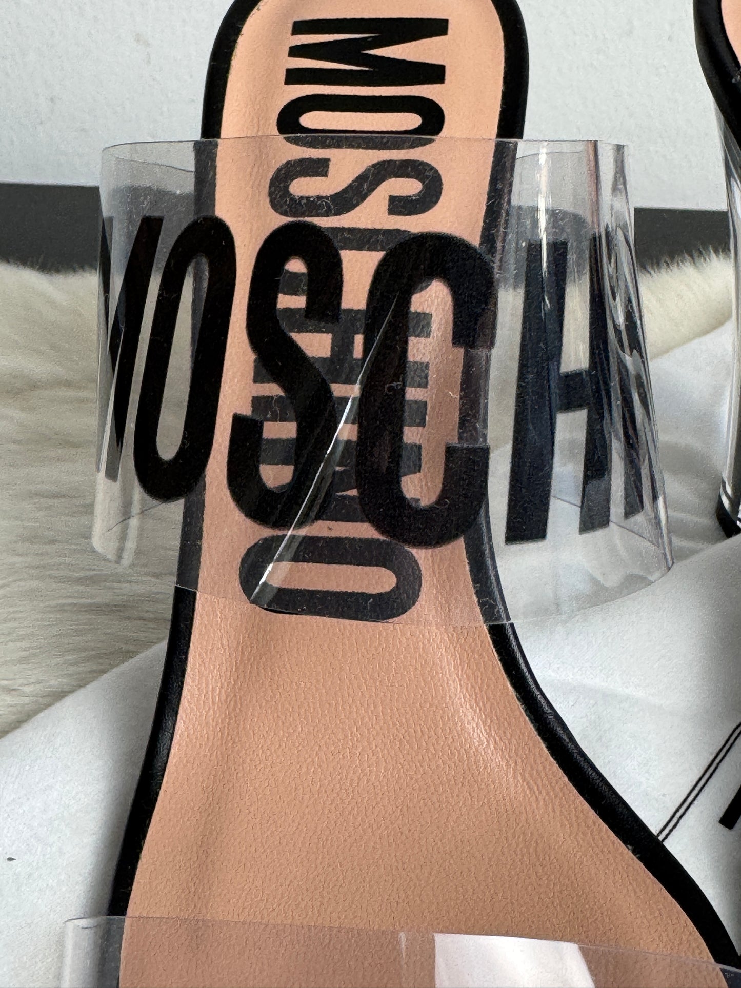 Moschino Couture Clear Black Logo Transparent Sandal Heels