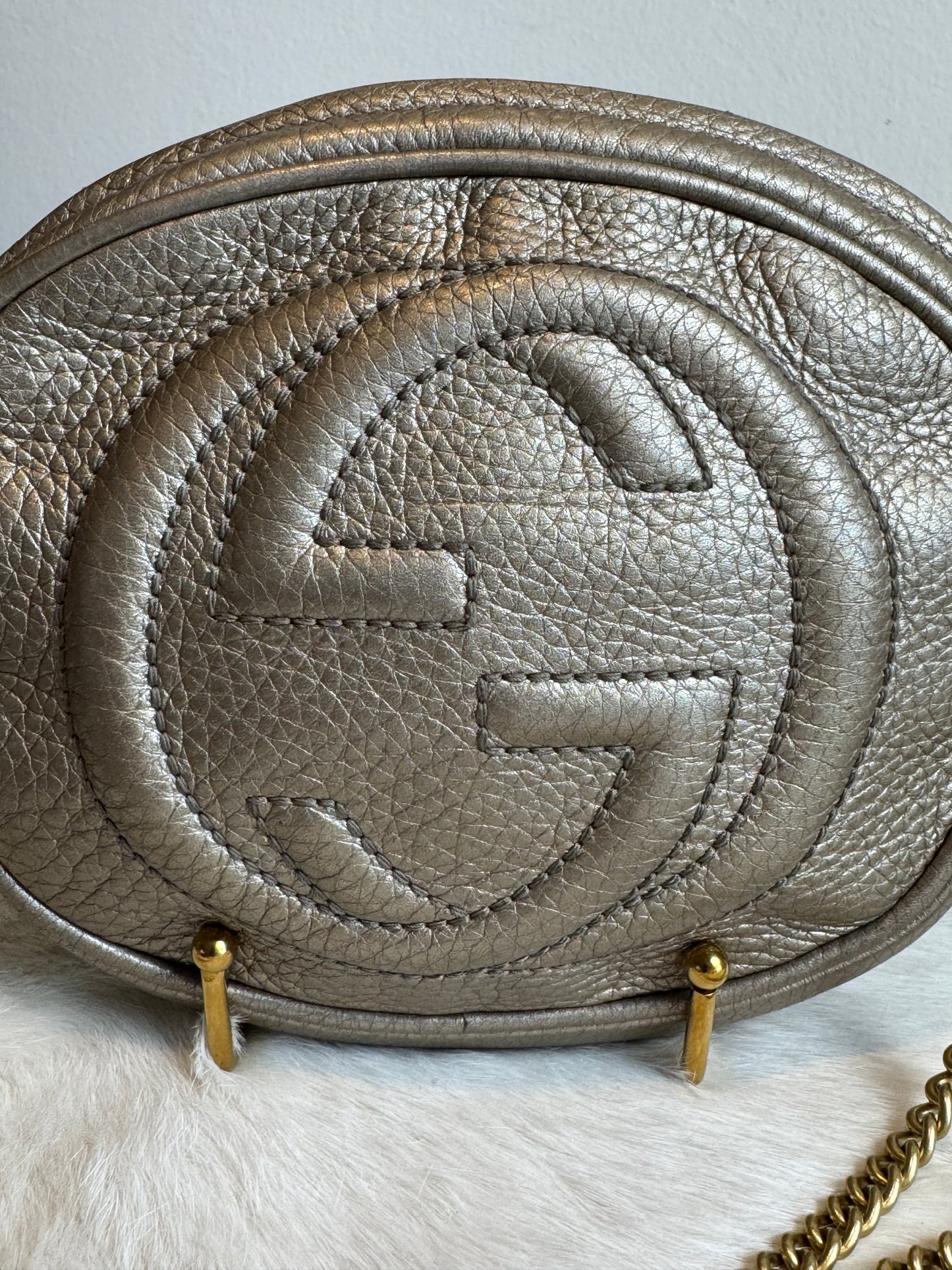 GUCCI Gold Metallic Round Mini Soho Crossbody Bag