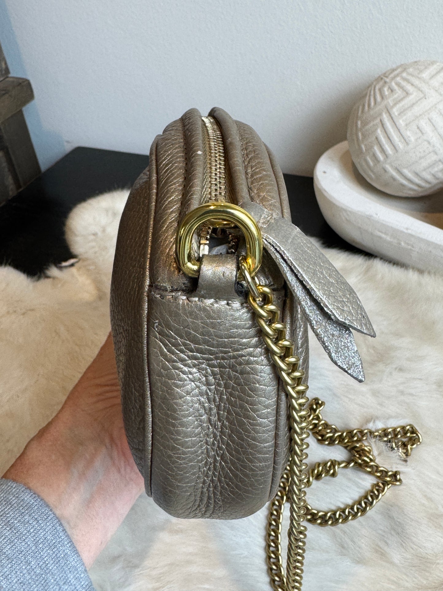 GUCCI Gold Metallic Round Mini Soho Crossbody Bag