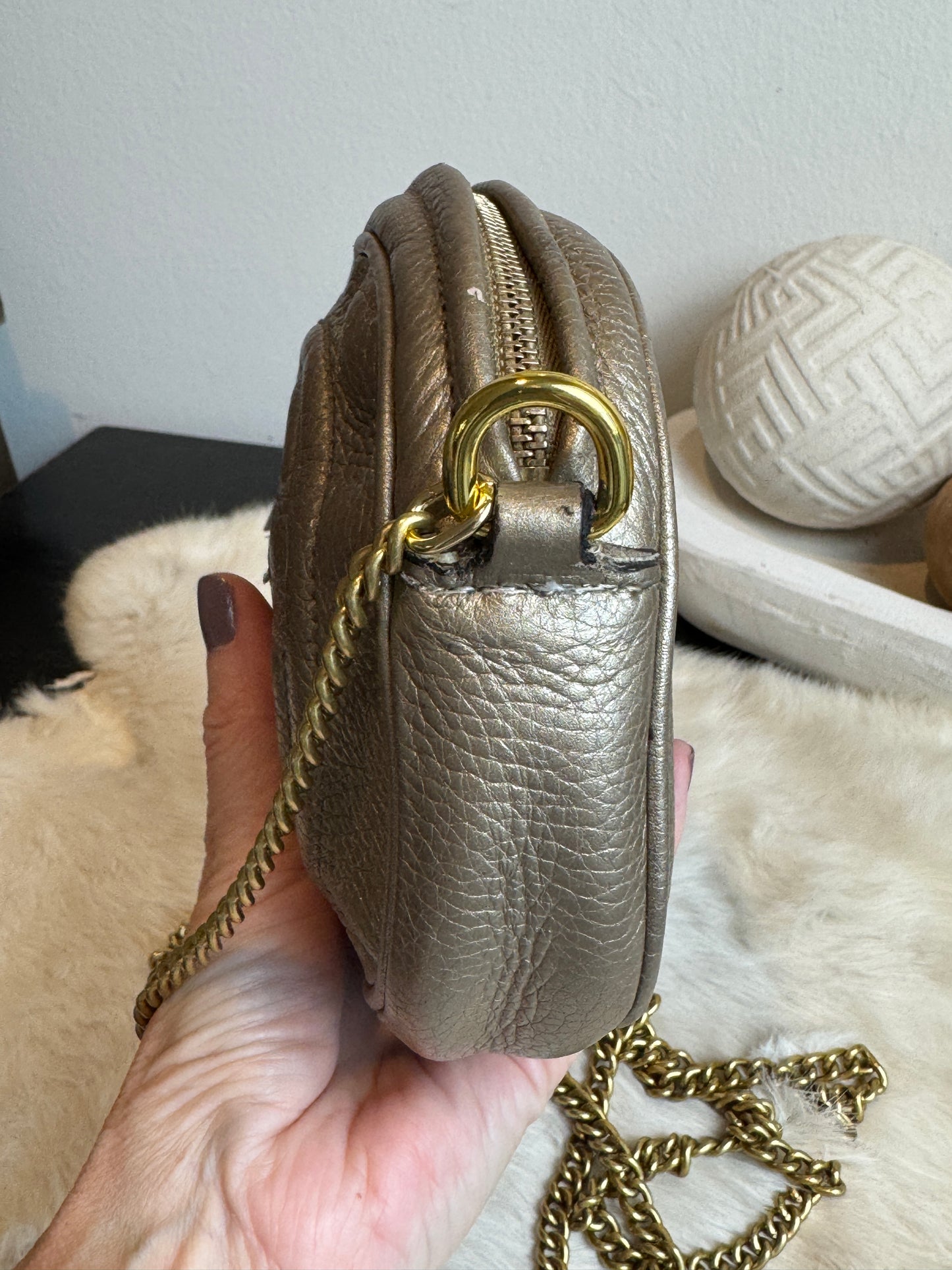 GUCCI Gold Metallic Round Mini Soho Crossbody Bag