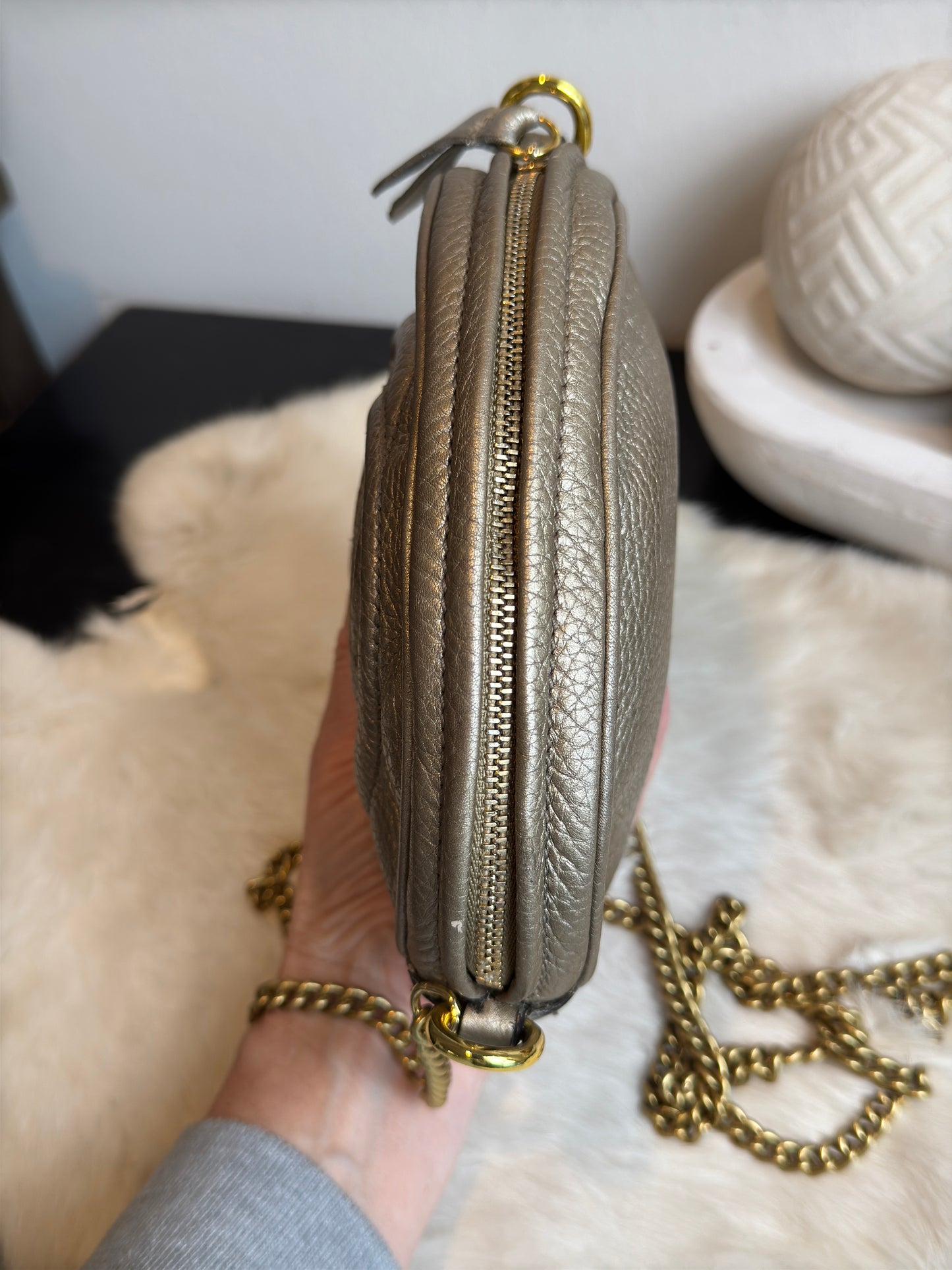 GUCCI Gold Metallic Round Mini Soho Crossbody Bag