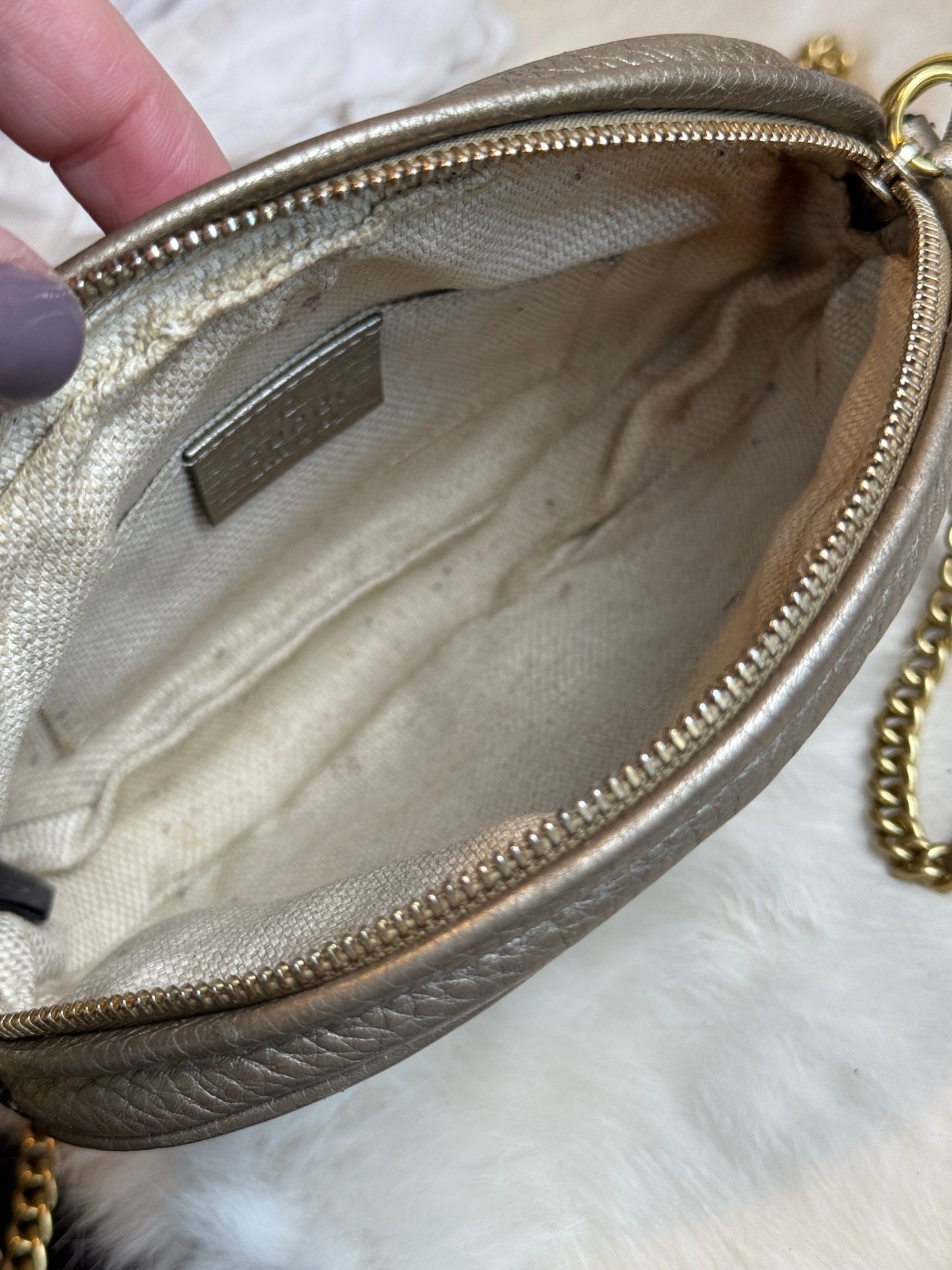 GUCCI Gold Metallic Round Mini Soho Crossbody Bag