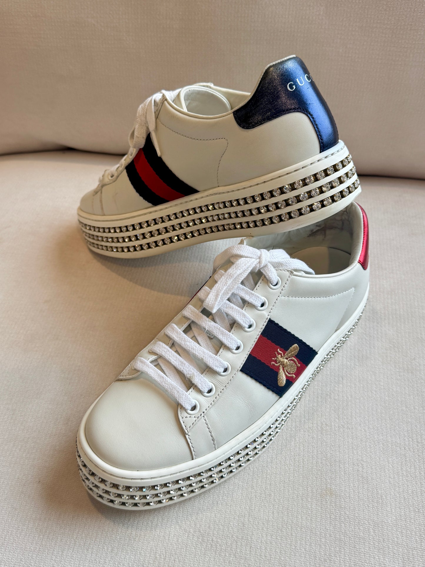 GUCCI Ace Bee Rhinestone Platforms Women's Size 37EU