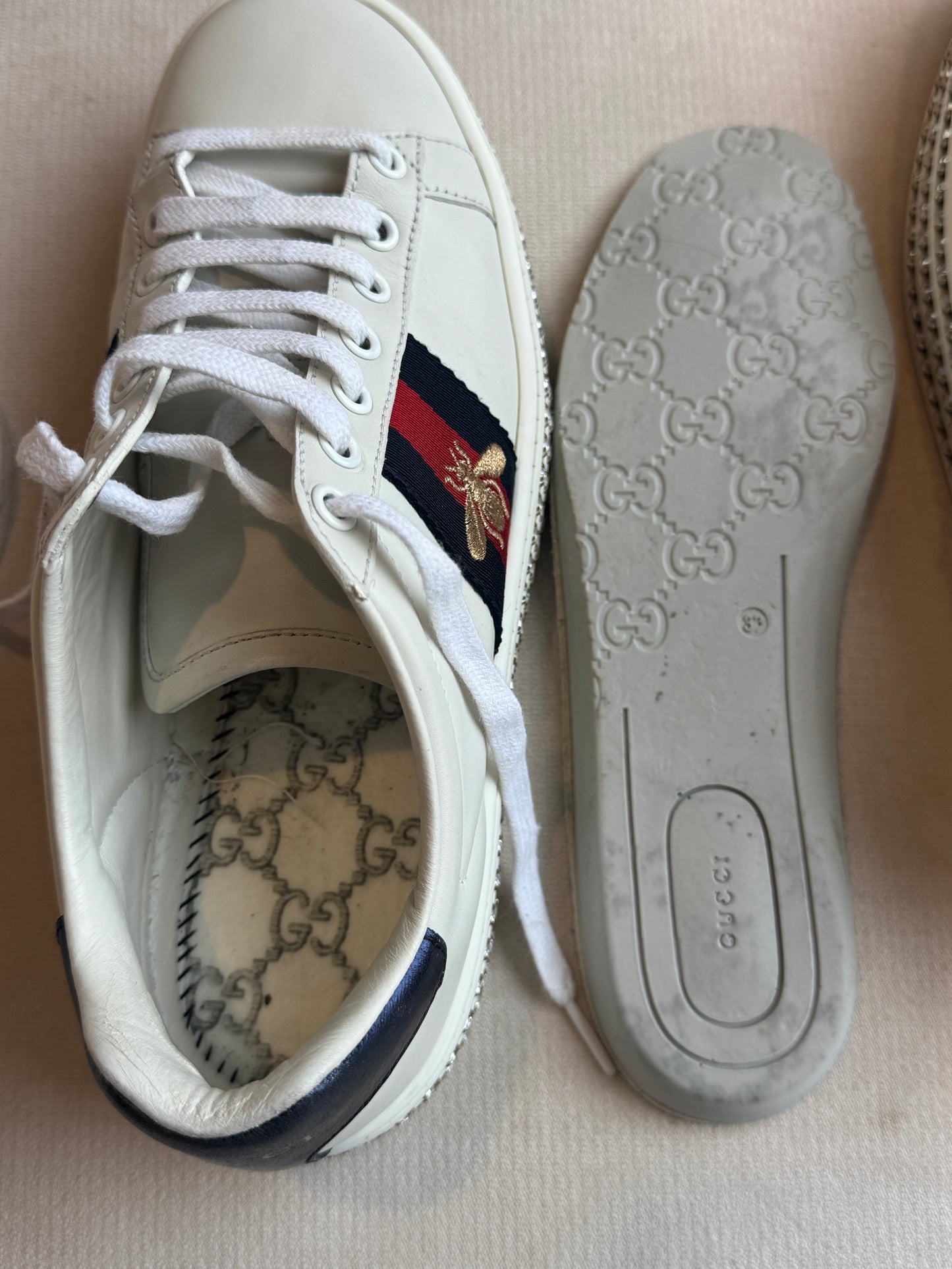 GUCCI Ace Bee Rhinestone Platforms Women's Size 37EU