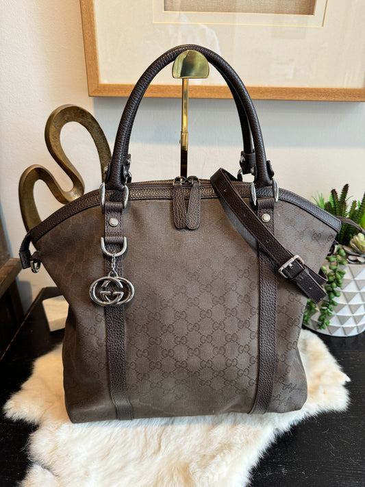 GUCCI DK Brown Canvas/Leather Large Dome Tote