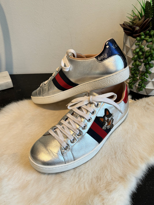 Gucci Ace Silver Bulldogs Sneakers Size 39EU