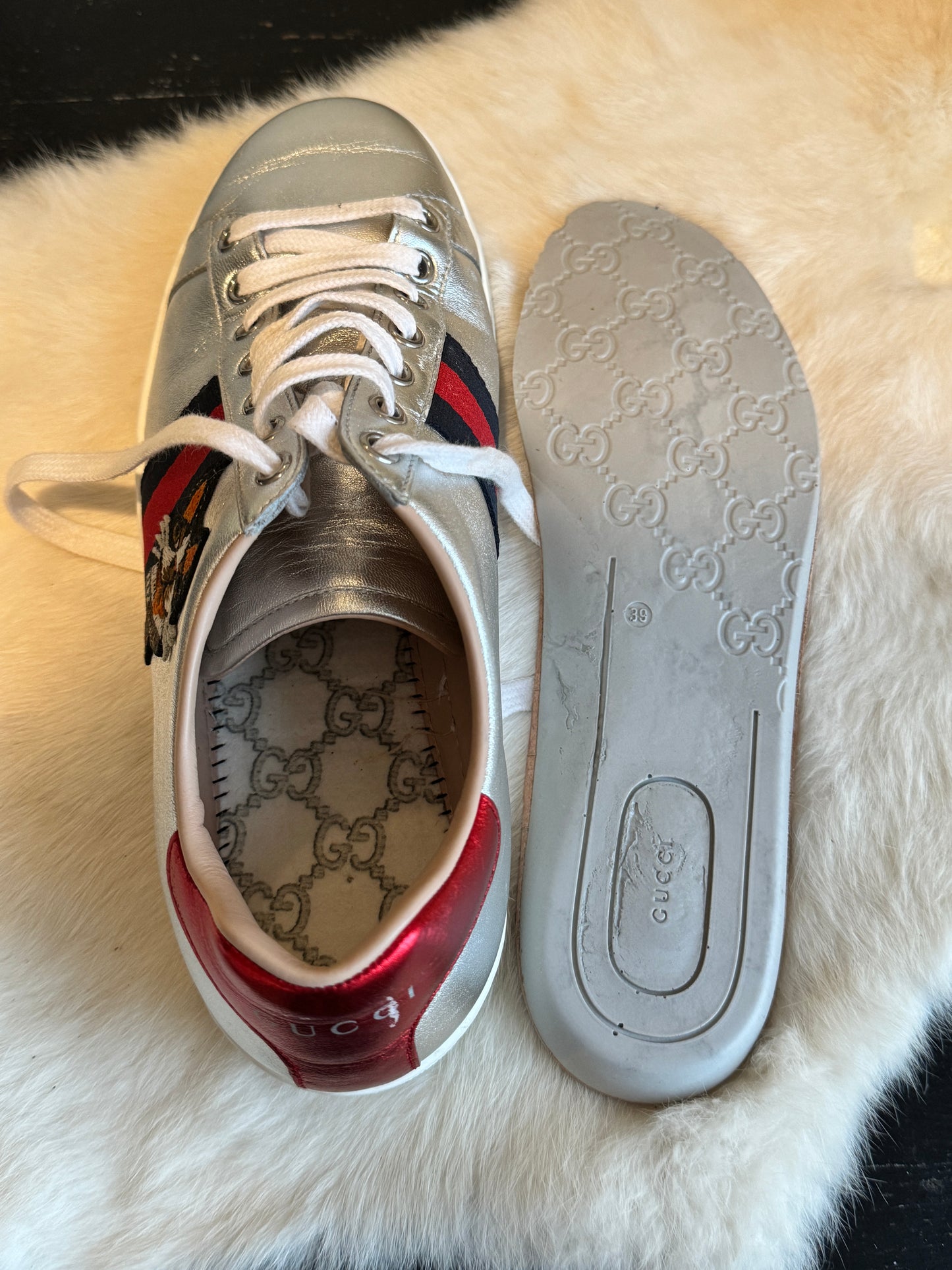 Gucci Ace Silver Bulldogs Sneakers Size 39EU