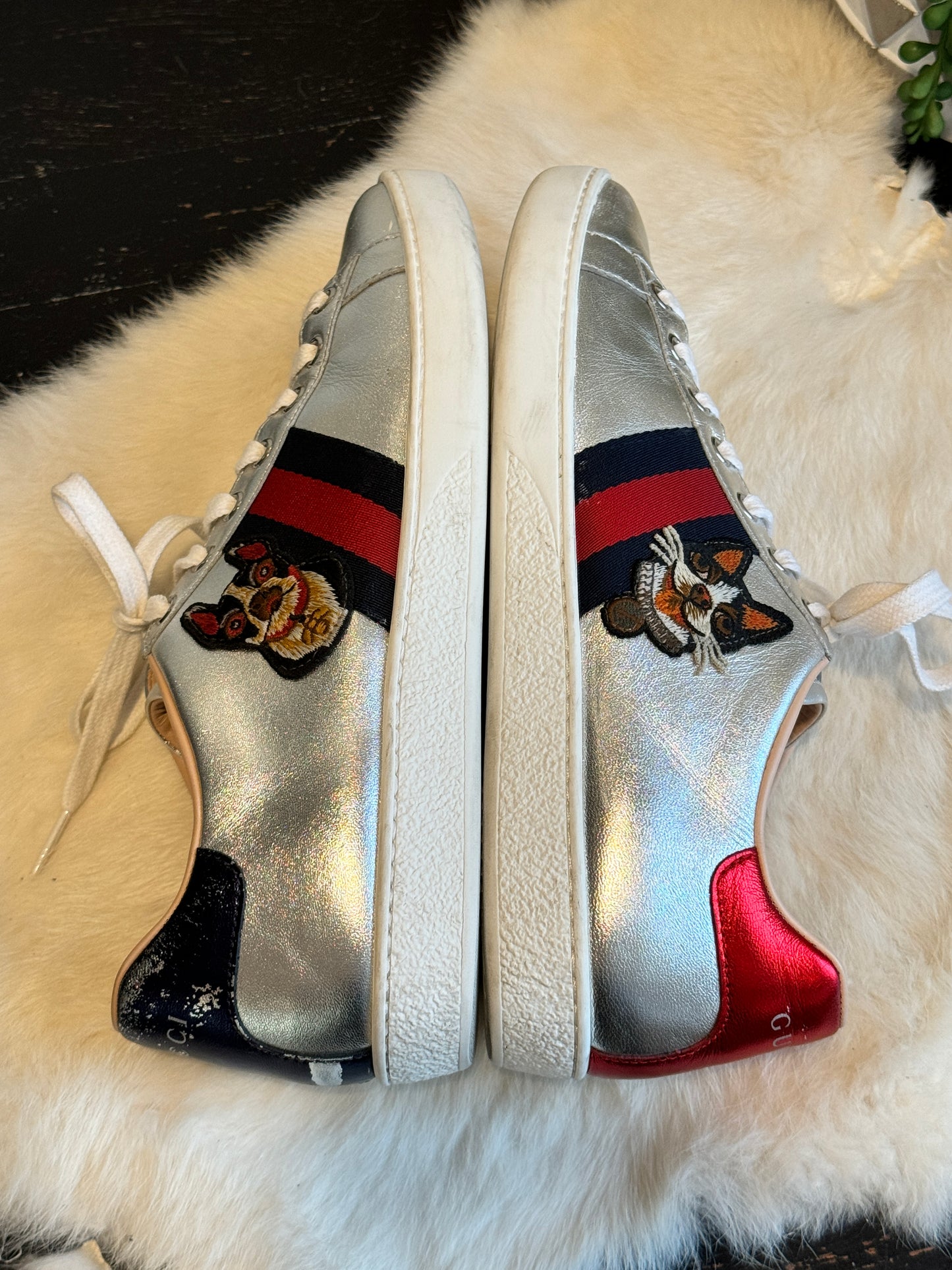 Gucci Ace Silver Bulldogs Sneakers Size 39EU