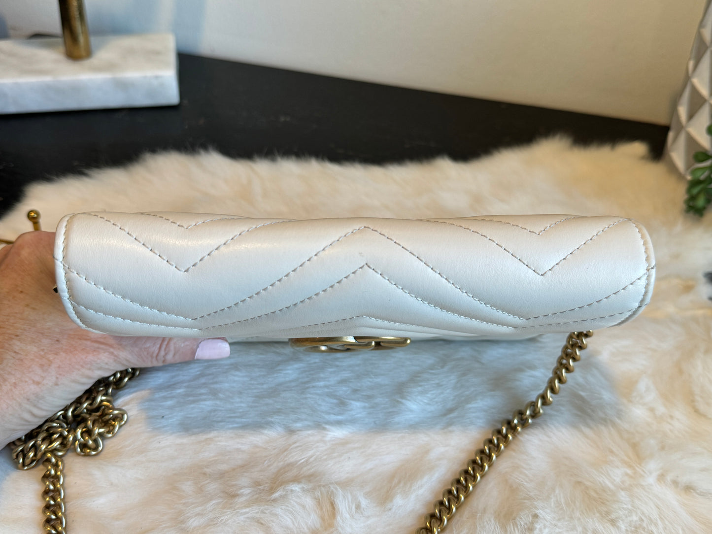 GUCCI Ivory Leather GG Marmont Mini WOC