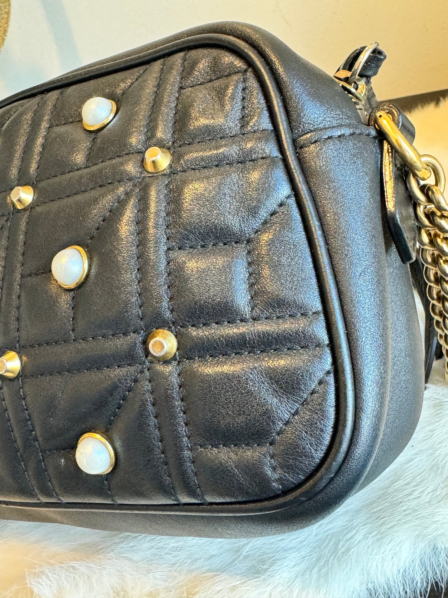 GUCCI Black Pearl Leather GG Marmont Small Camera Bag