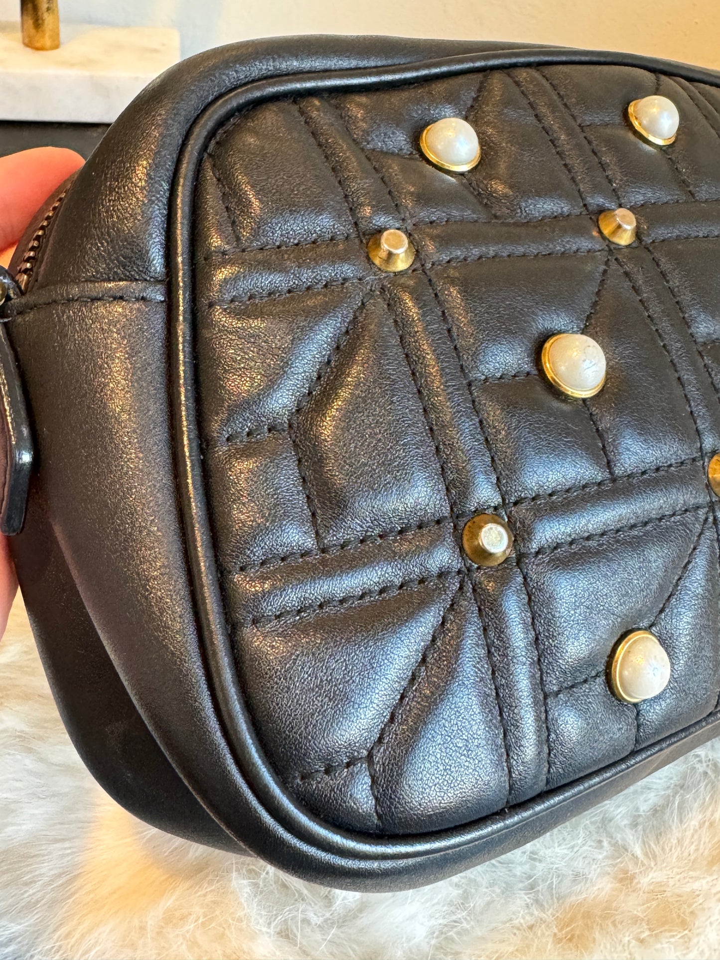 GUCCI Black Pearl Leather GG Marmont Small Camera Bag