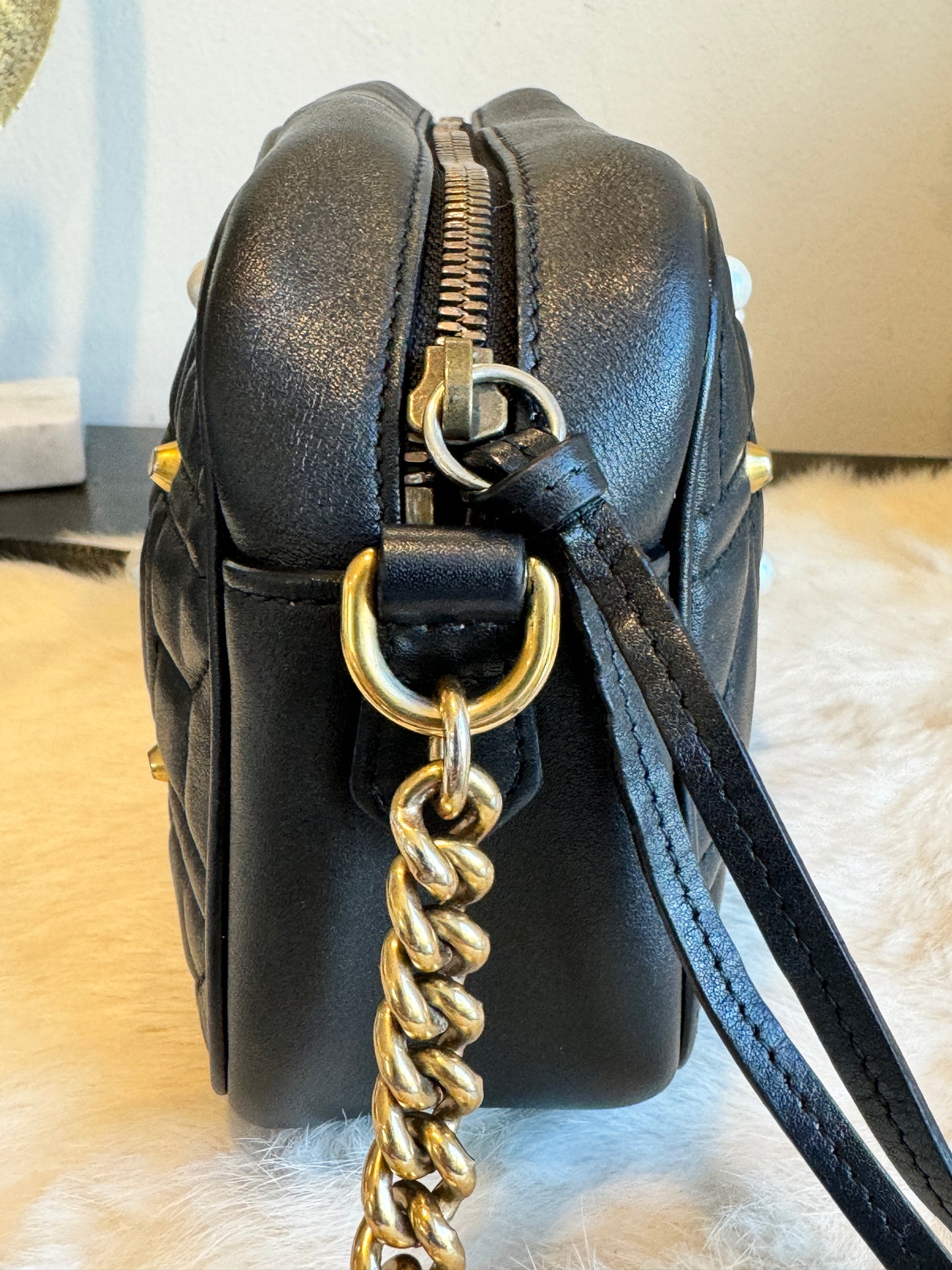 GUCCI Black Pearl Leather GG Marmont Small Camera Bag