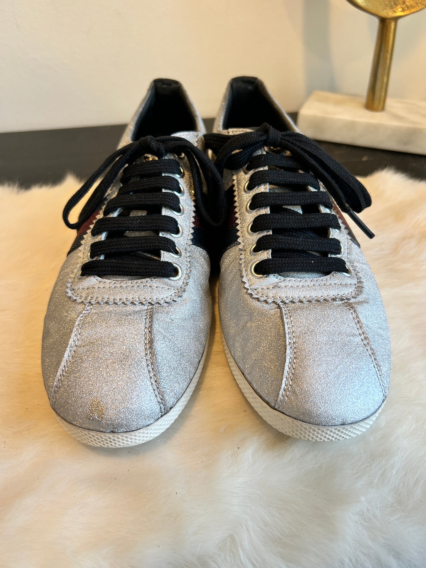 GUCCI Ace Silver Glitter Studded Women's Size 40.5EU