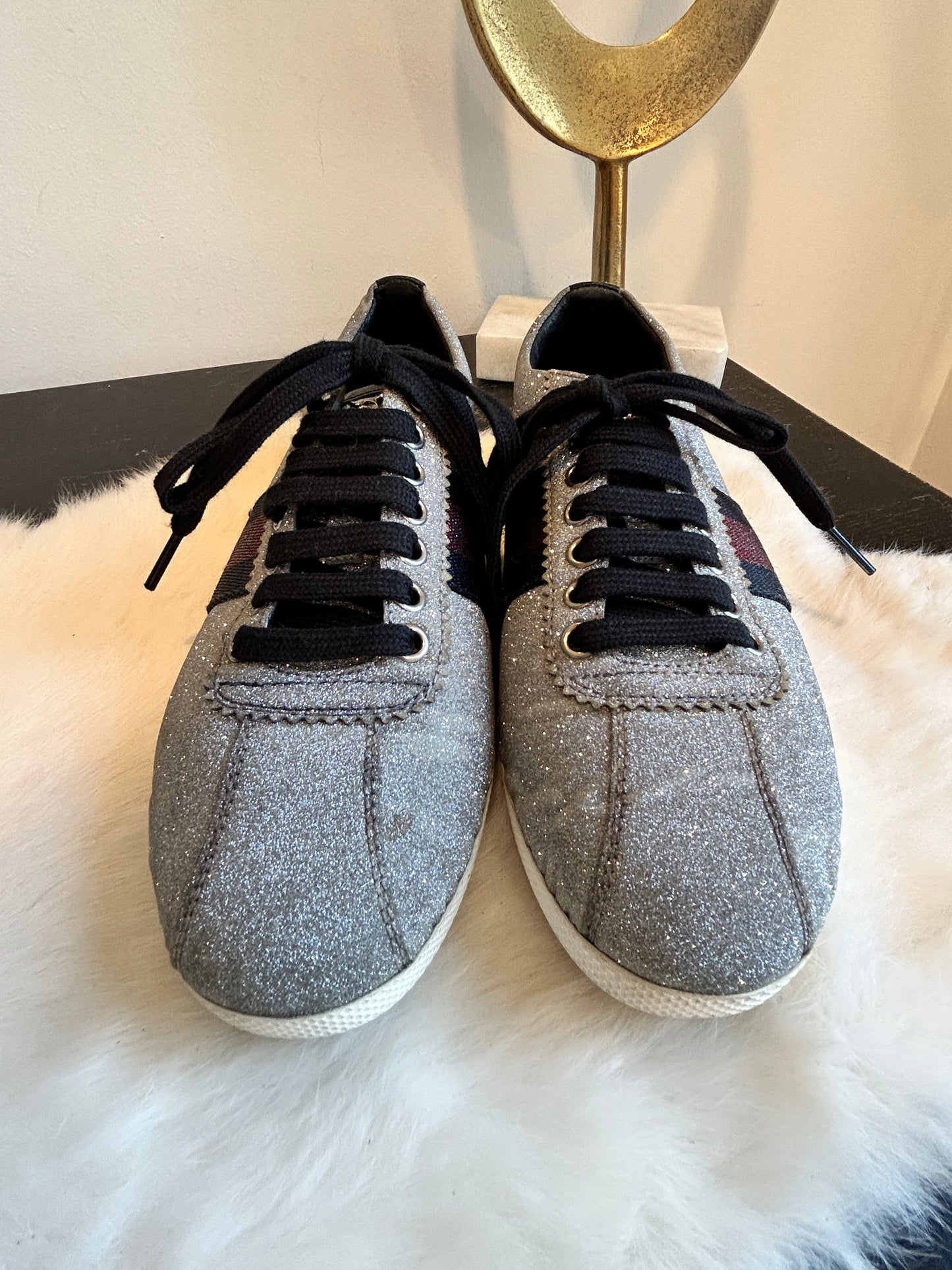 GUCCI Ace Silver Glitter Studded Women's Size 38.5EU