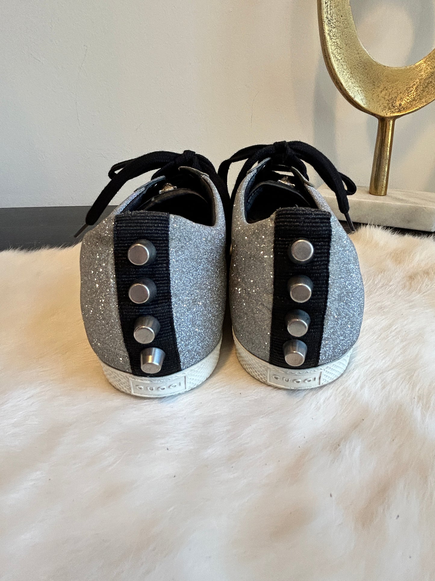 GUCCI Ace Silver Glitter Studded Women's Size 38.5EU