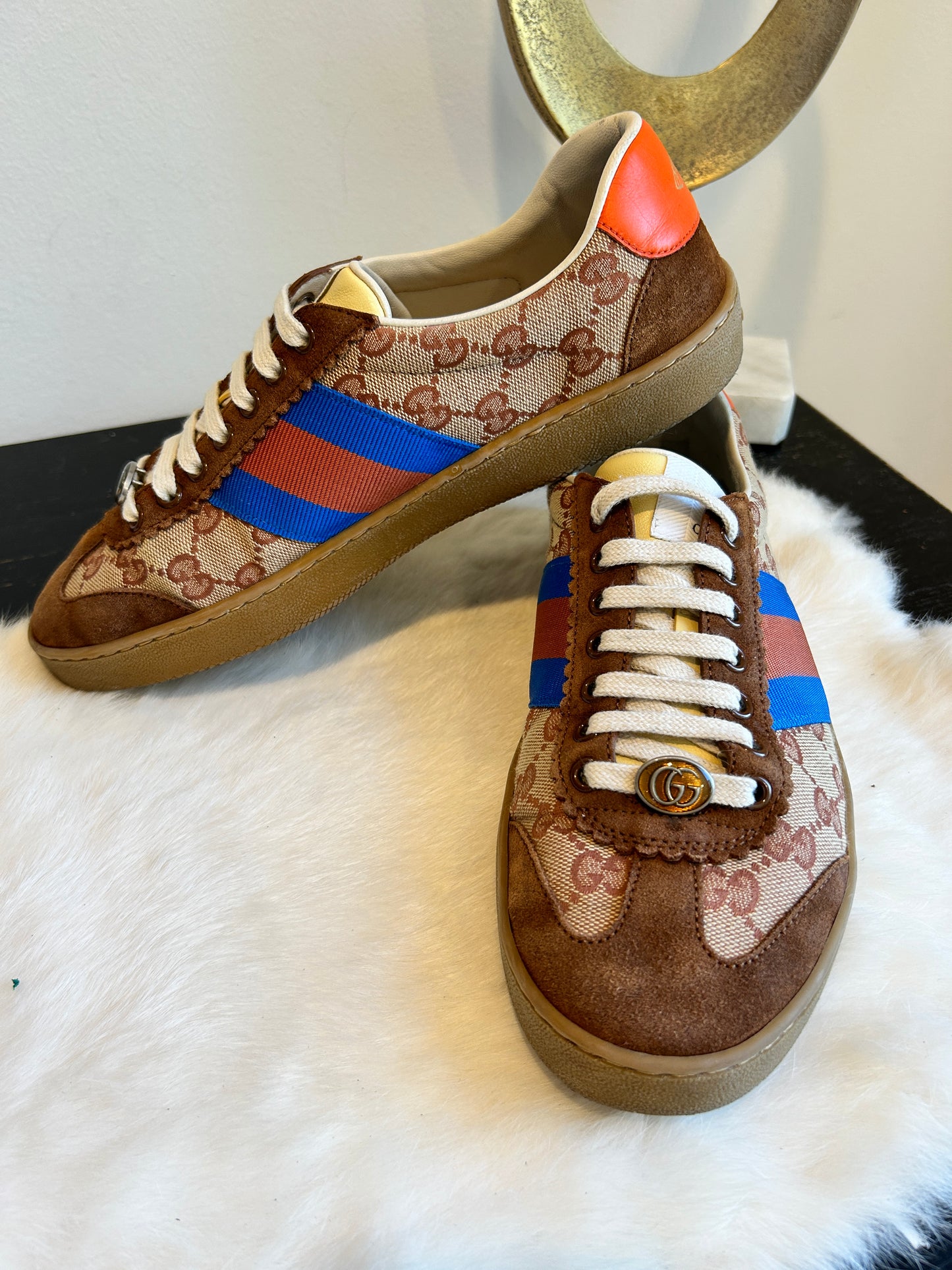 GUCCI GG Canvas Brown Suede Web Sneakers 6.5EU (39.5EU)