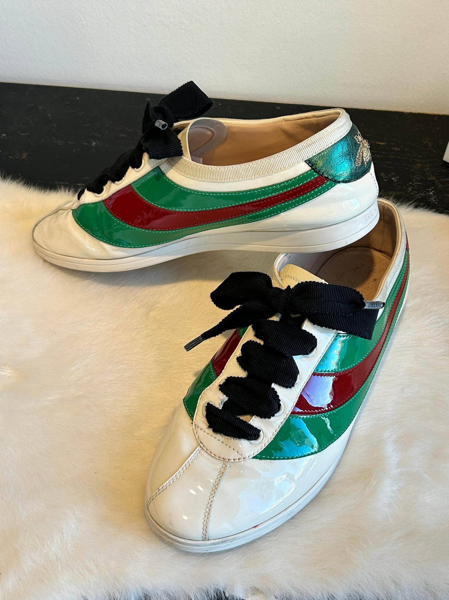 GUCCI Patent Web Falacer Sneakers Mystic White 38EU