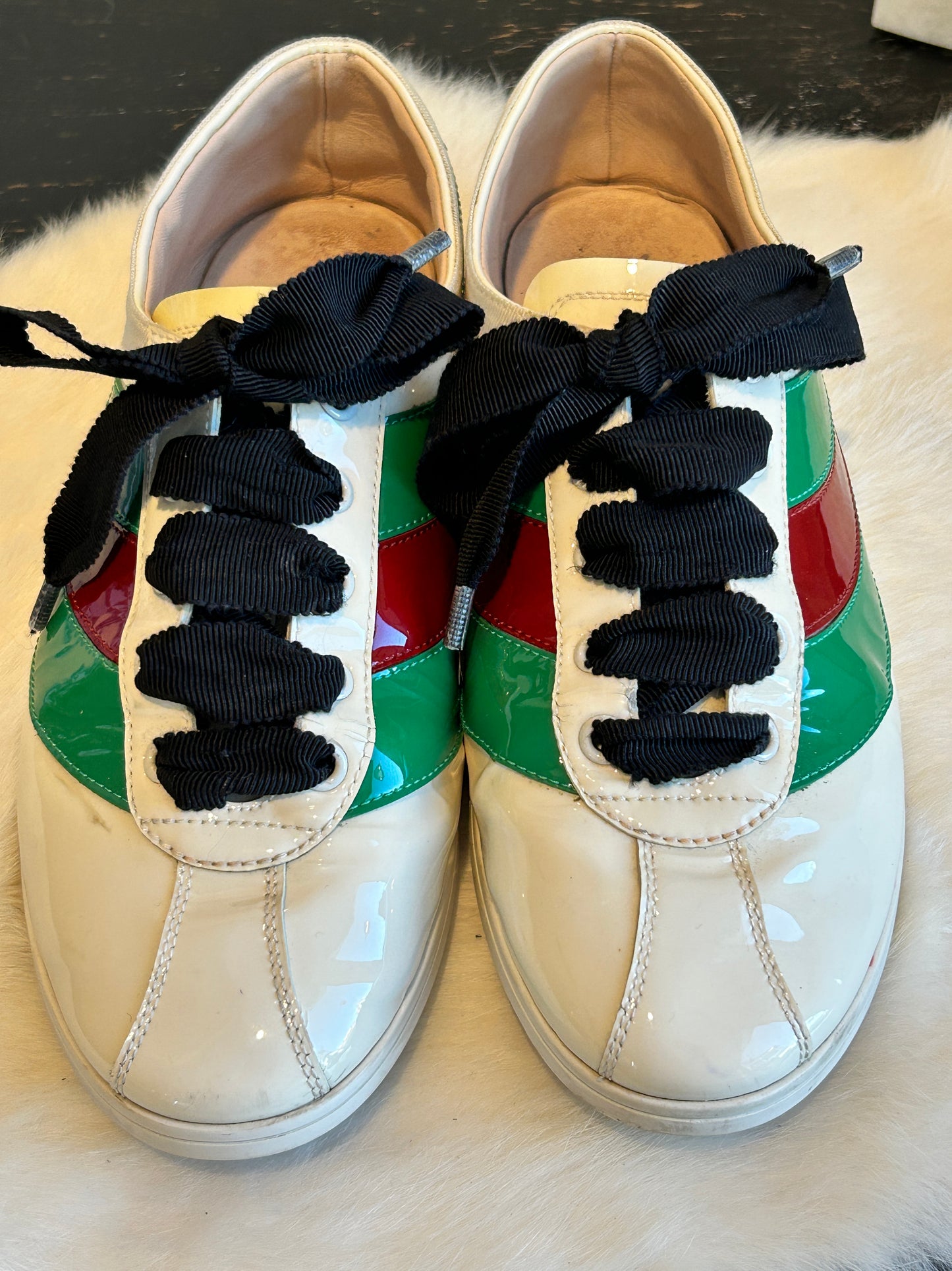 GUCCI Patent Web Falacer Sneakers Mystic White 38EU