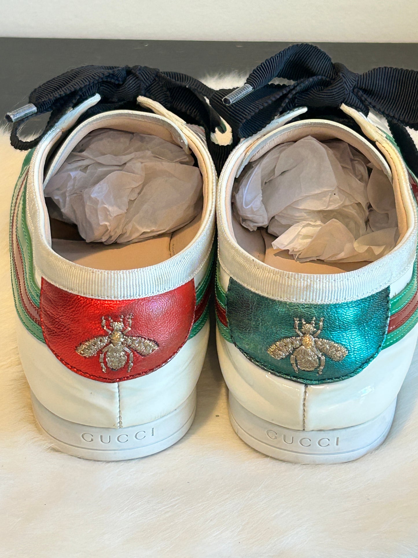 GUCCI Patent Web Falacer Sneakers Mystic White 38EU