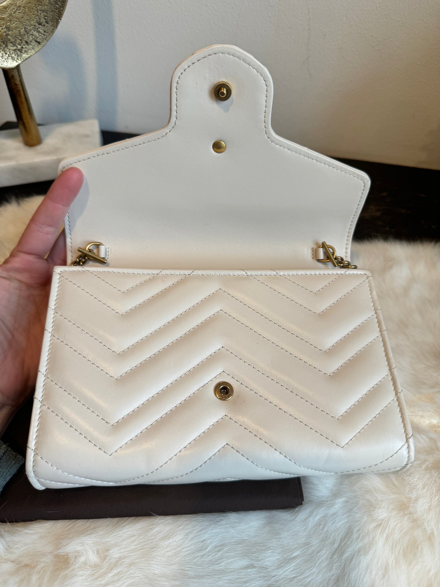 GUCCI Ivory Leather GG Marmont Mini WOC