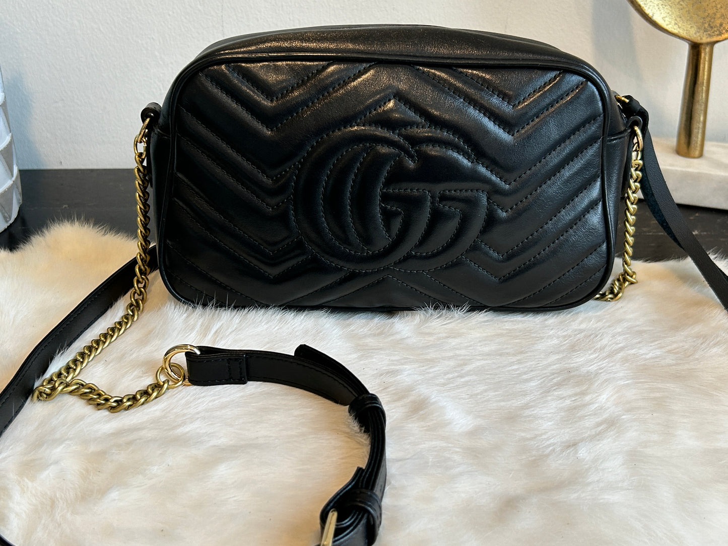 GUCCI Black Leather GG Marmont Small Camera Bag