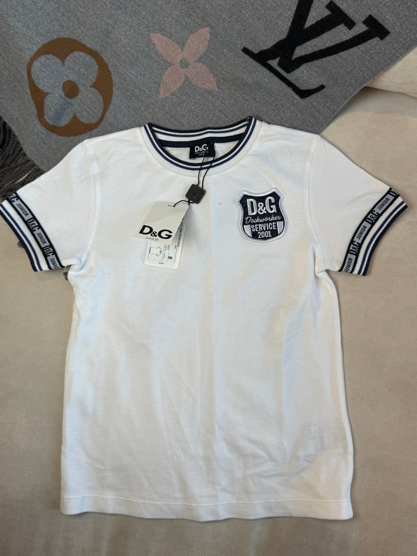 Dolce & Gabbana White/Navy Pique Polo T-Shirt Size 7/8
