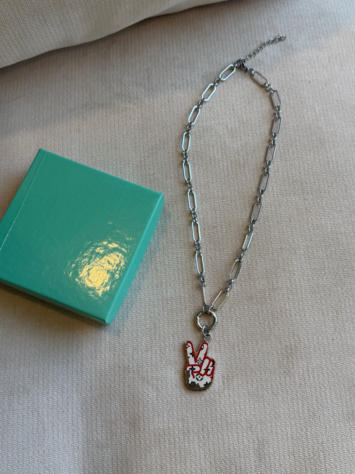 Reworked Louis Vuitton Porte-Clé LV Stories Peace Sign Charm Necklace