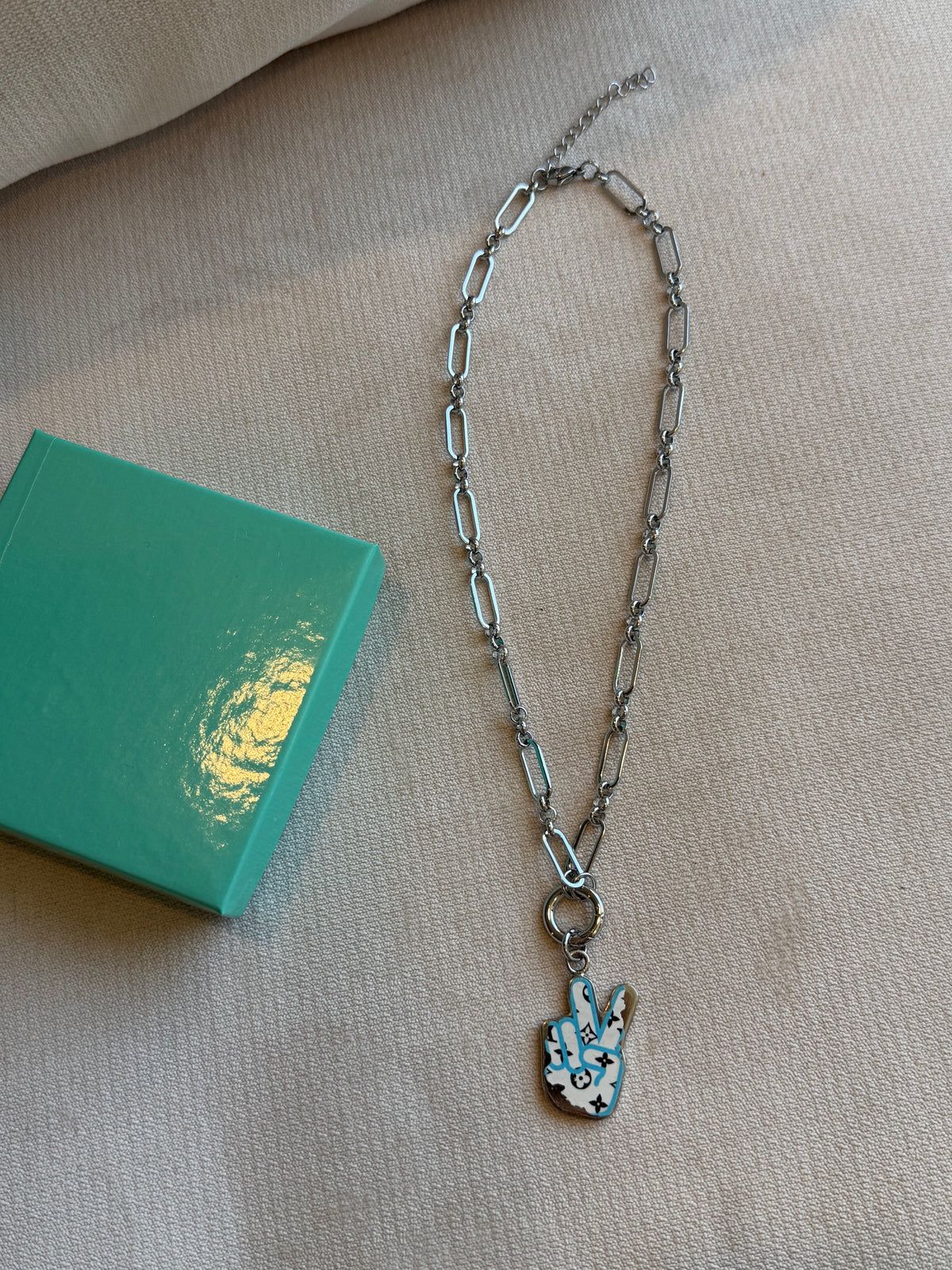 Reworked Louis Vuitton Porte-Clé LV Stories Peace Sign Charm Necklace