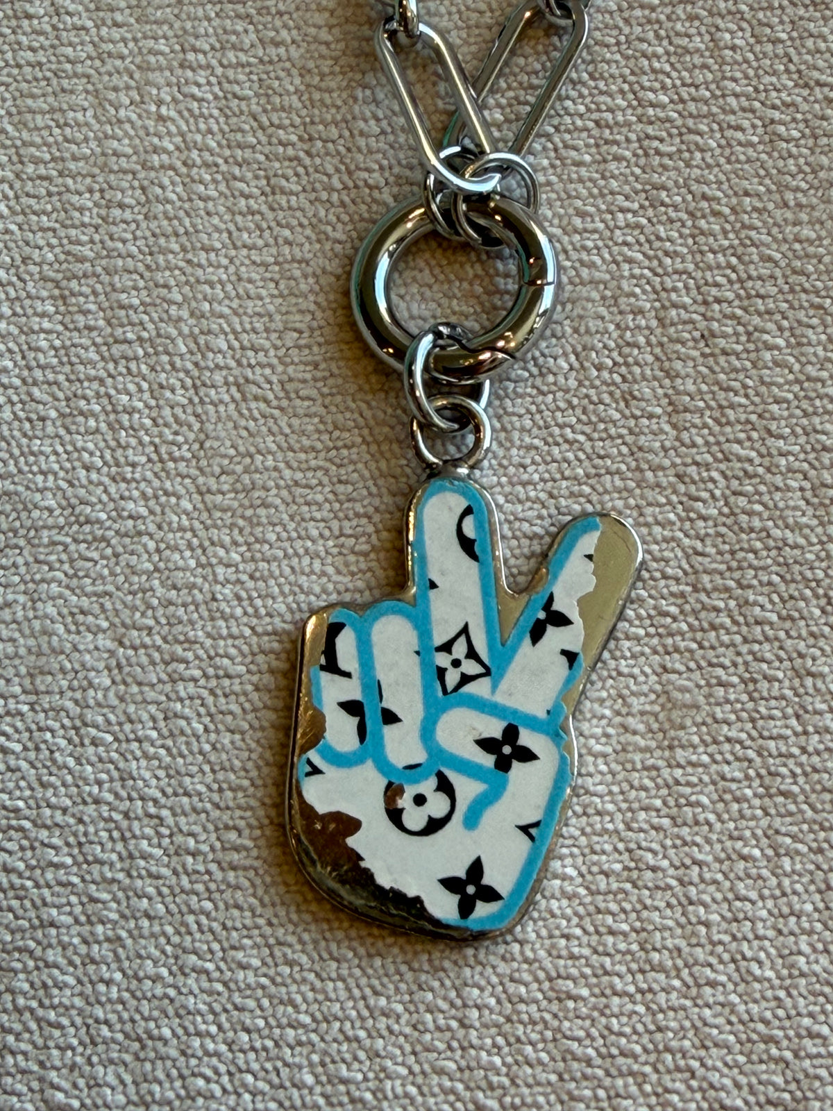 Reworked Louis Vuitton Porte-Clé LV Stories Peace Sign Charm Necklace