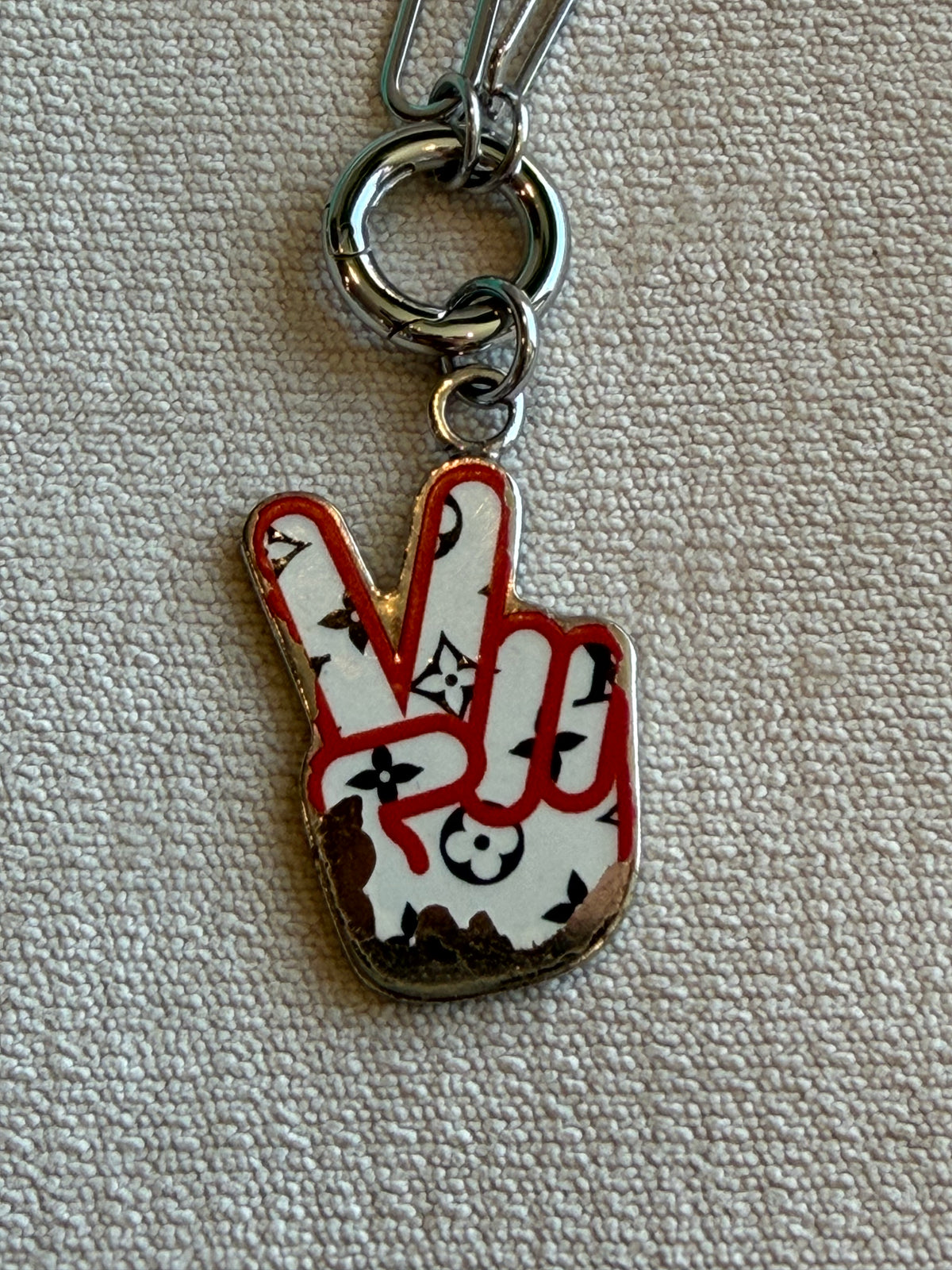 Reworked Louis Vuitton Porte-Clé LV Stories Peace Sign Charm Necklace