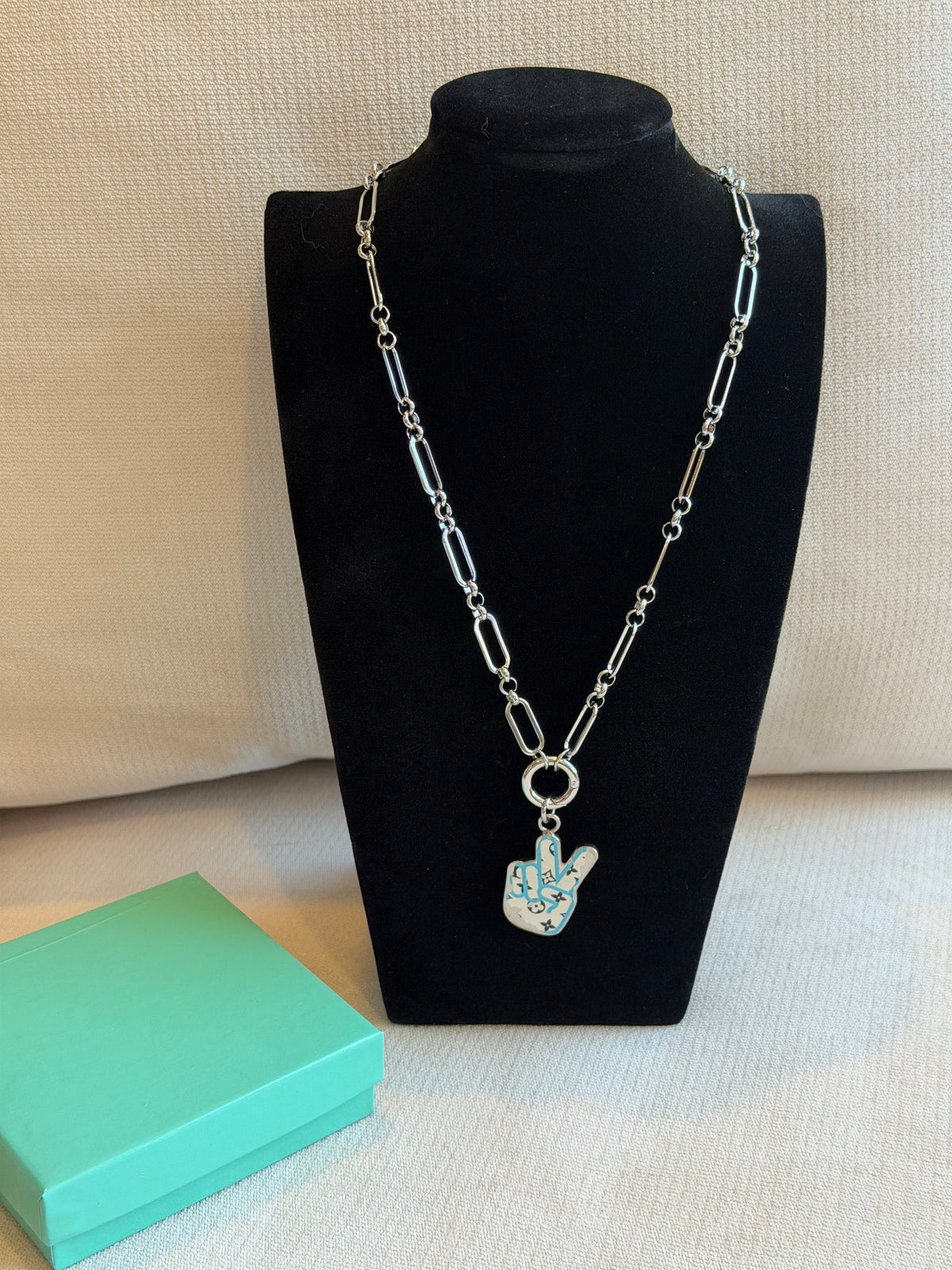 Reworked Louis Vuitton Porte-Clé LV Stories Peace Sign Charm Necklace
