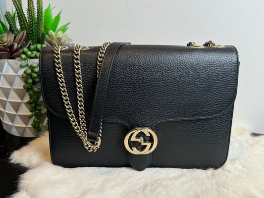 Gucci Interlocking G Calfskin Black Leather Bag