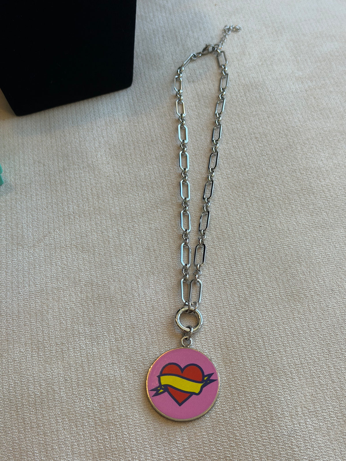 Reworked Louis Vuitton Porte-Clé LV Stories Pink Heart & Ribbon Charm Necklace
