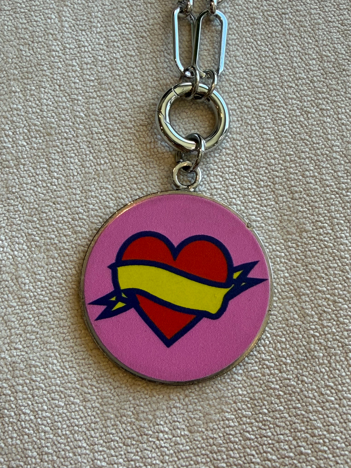 Reworked Louis Vuitton Porte-Clé LV Stories Pink Heart & Ribbon Charm Necklace