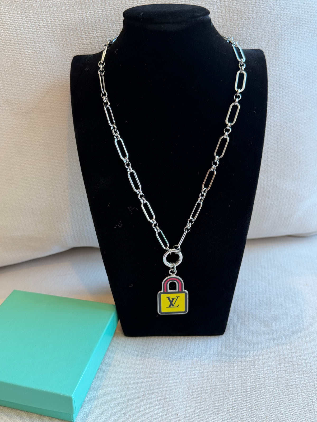 Reworked Louis Vuitton Porte-Clé LV Stories Blue & Yellow Padlock Charm Necklace