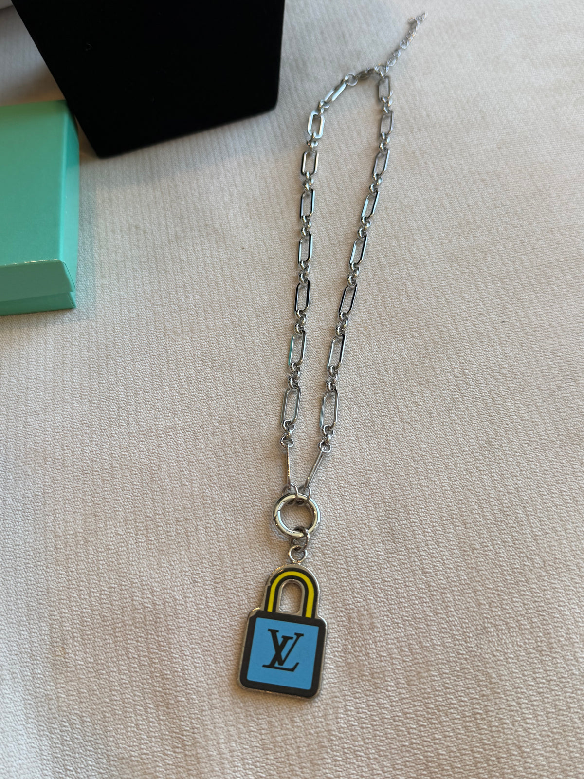 Reworked Louis Vuitton Porte-Clé LV Stories Blue & Yellow Padlock Charm Necklace