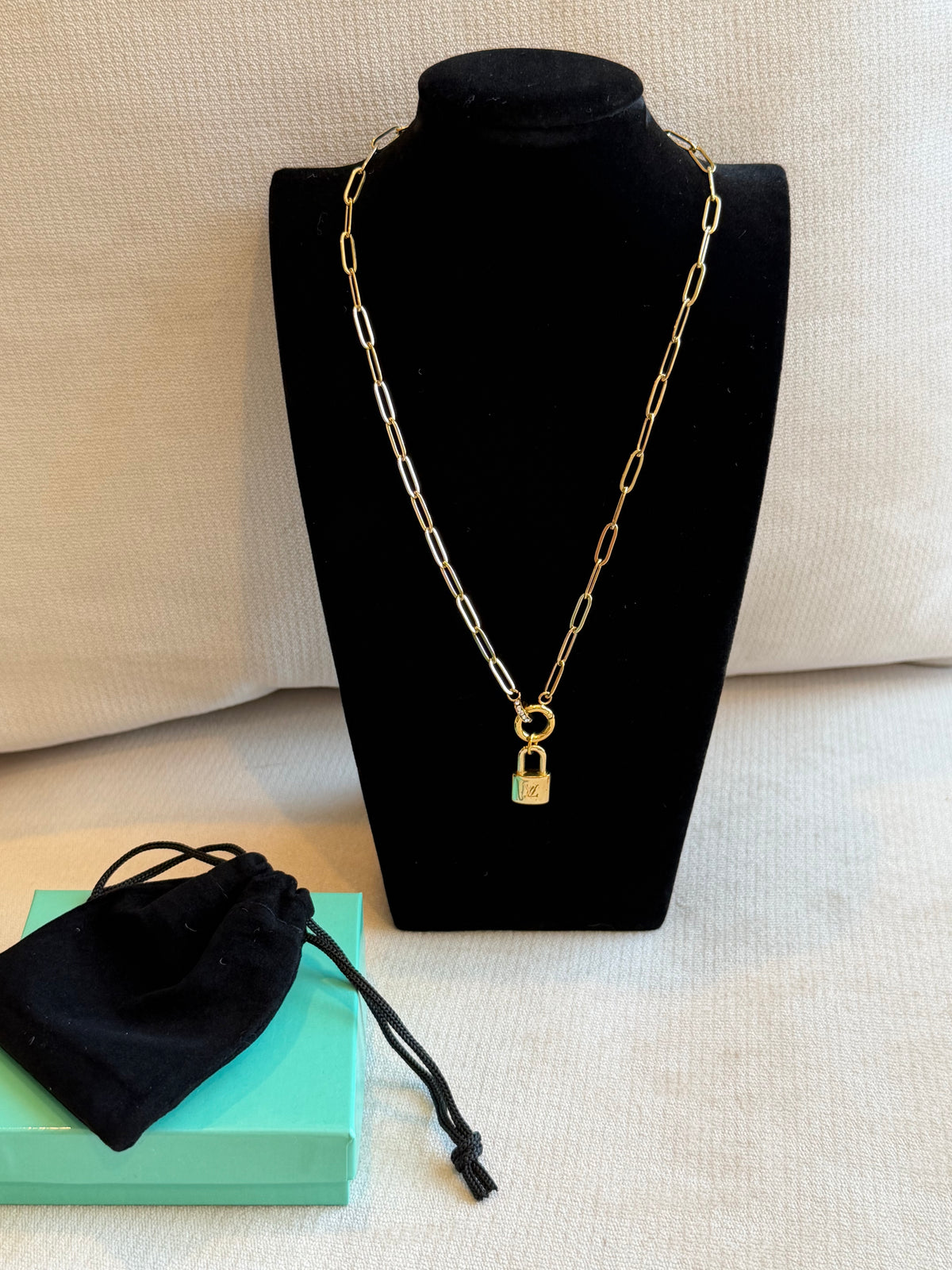 Reworked Louis Vuitton Pastilles Gold LV Padlock Charm Necklace