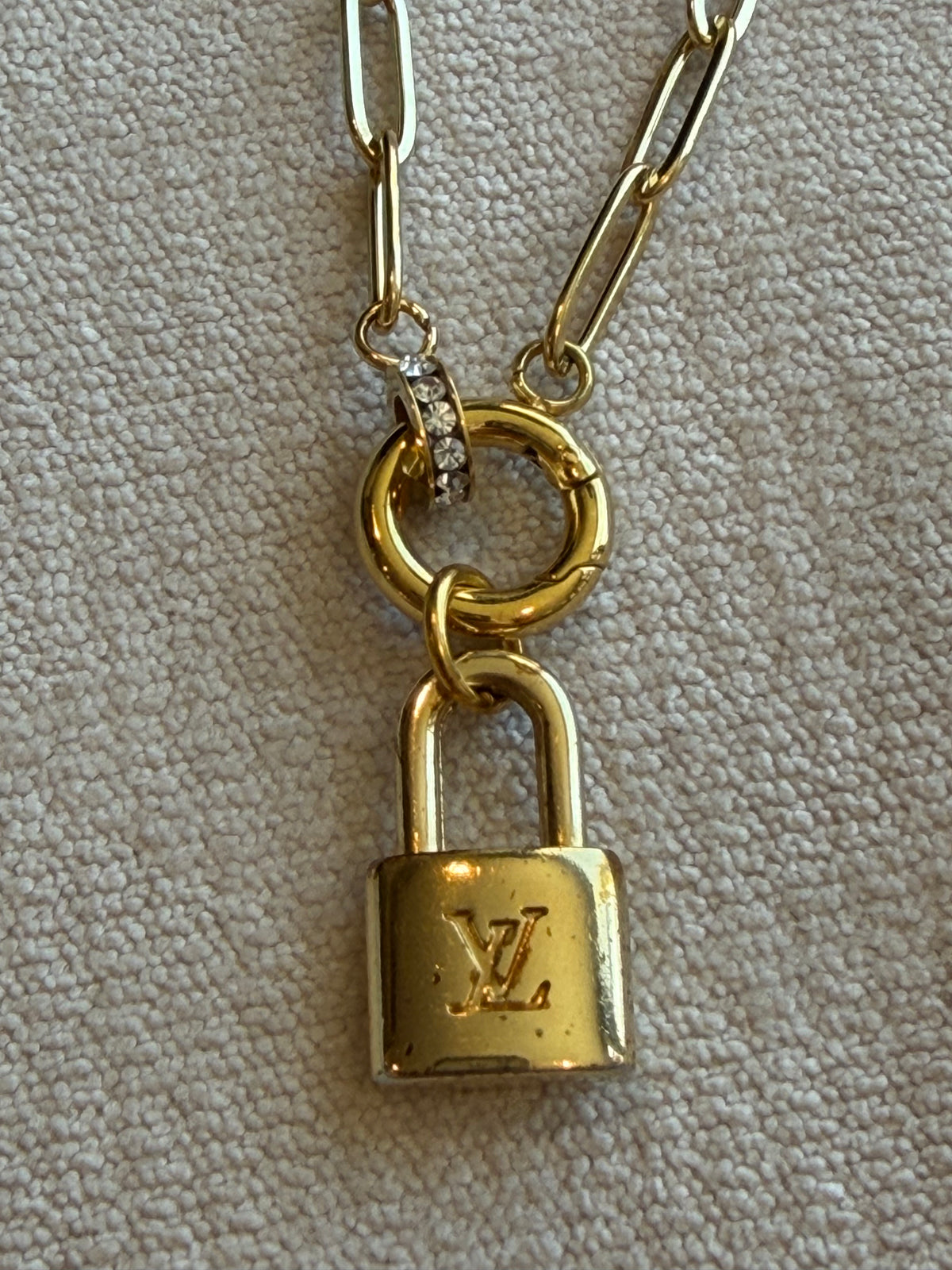 Reworked Louis Vuitton Pastilles Gold LV Padlock Charm Necklace