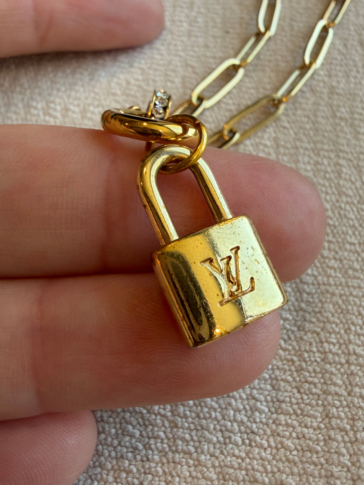 Reworked Louis Vuitton Pastilles Gold LV Padlock Charm Necklace