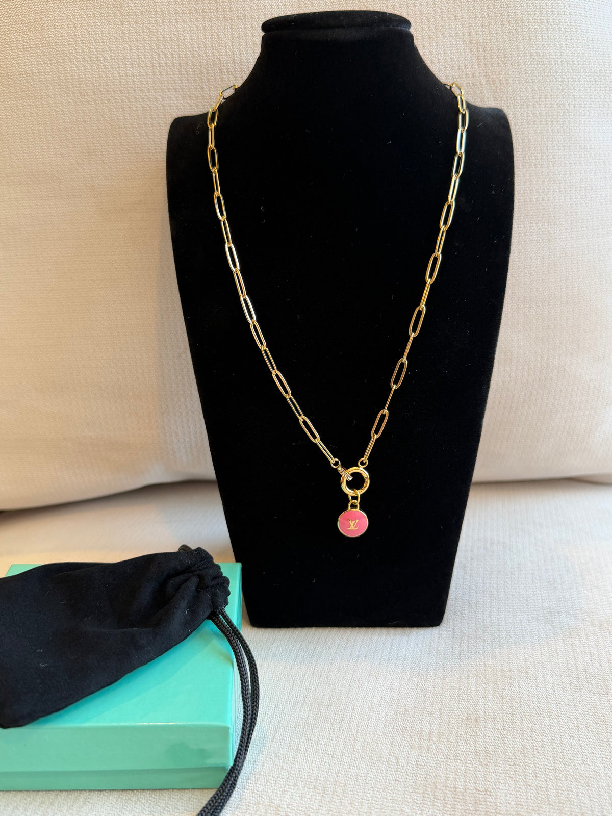 Reworked Louis Vuitton Gold Pastilles Pastilles Pink LV Logo Charm Necklace