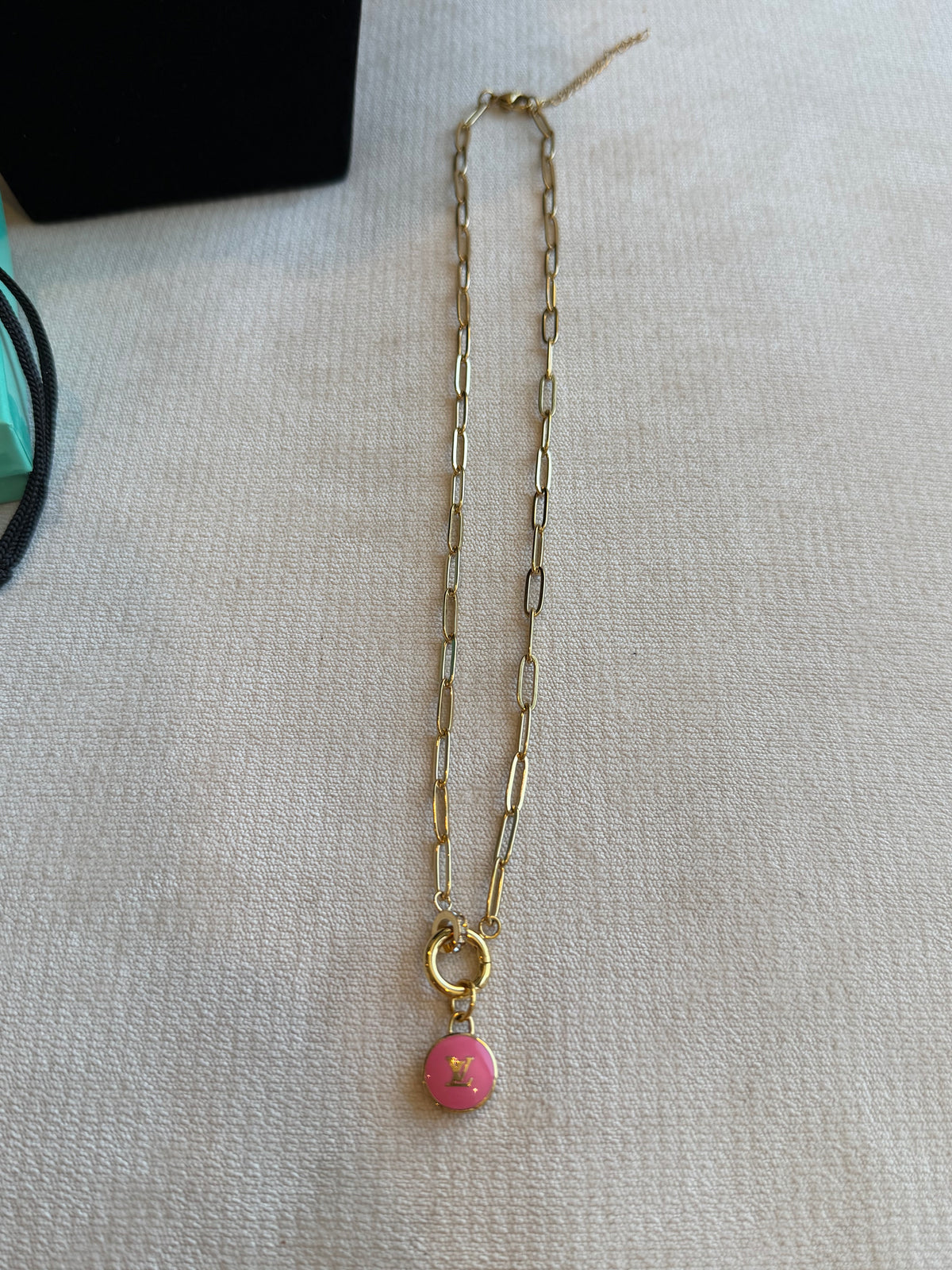 Reworked Louis Vuitton Gold Pastilles Pastilles Pink LV Logo Charm Necklace