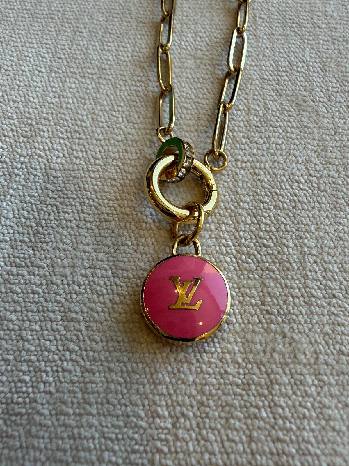 Reworked Louis Vuitton Gold Pastilles Pastilles Pink LV Logo Charm Necklace