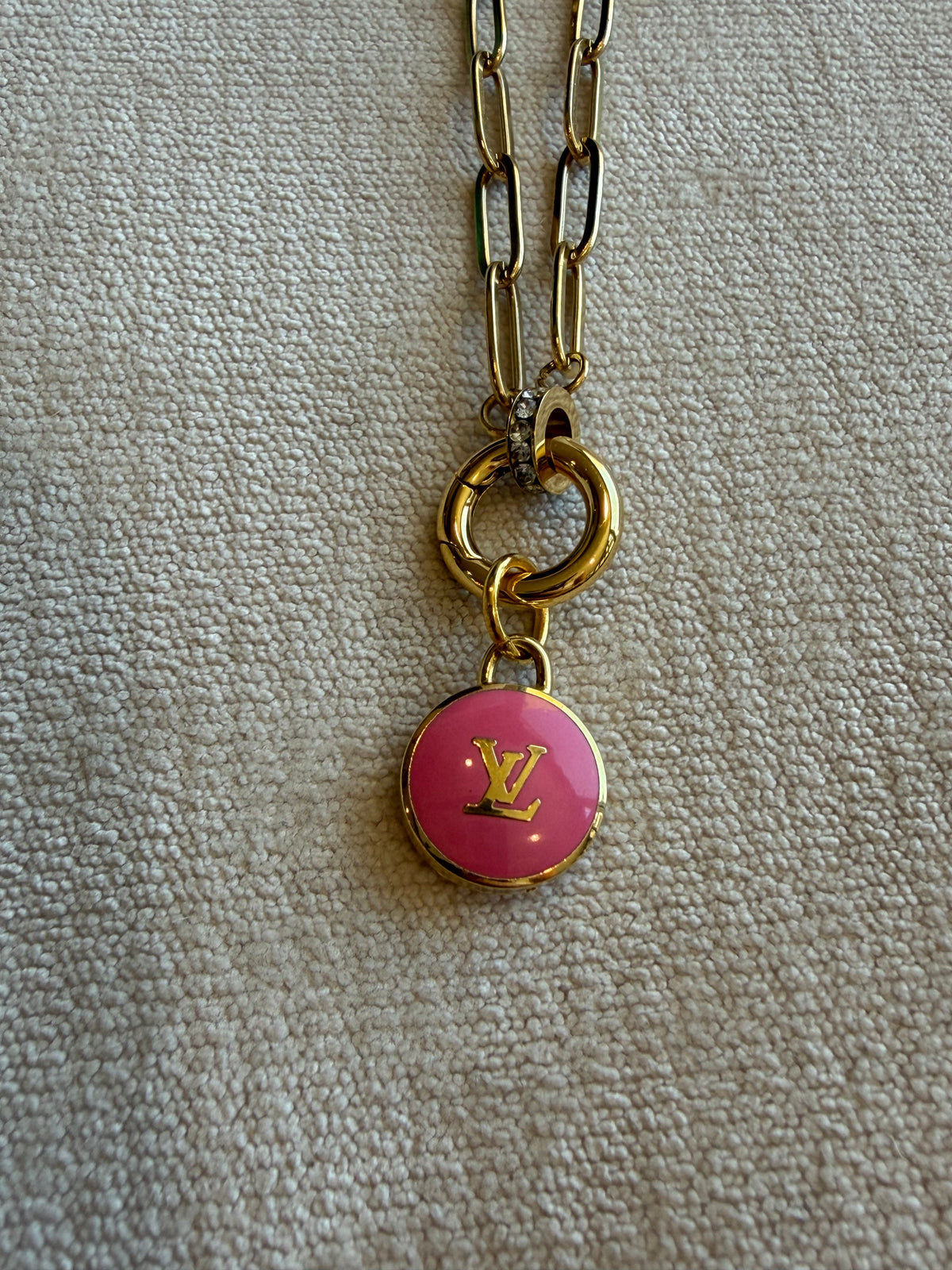 Reworked Louis Vuitton Gold Pastilles Pastilles Pink LV Logo Charm Necklace
