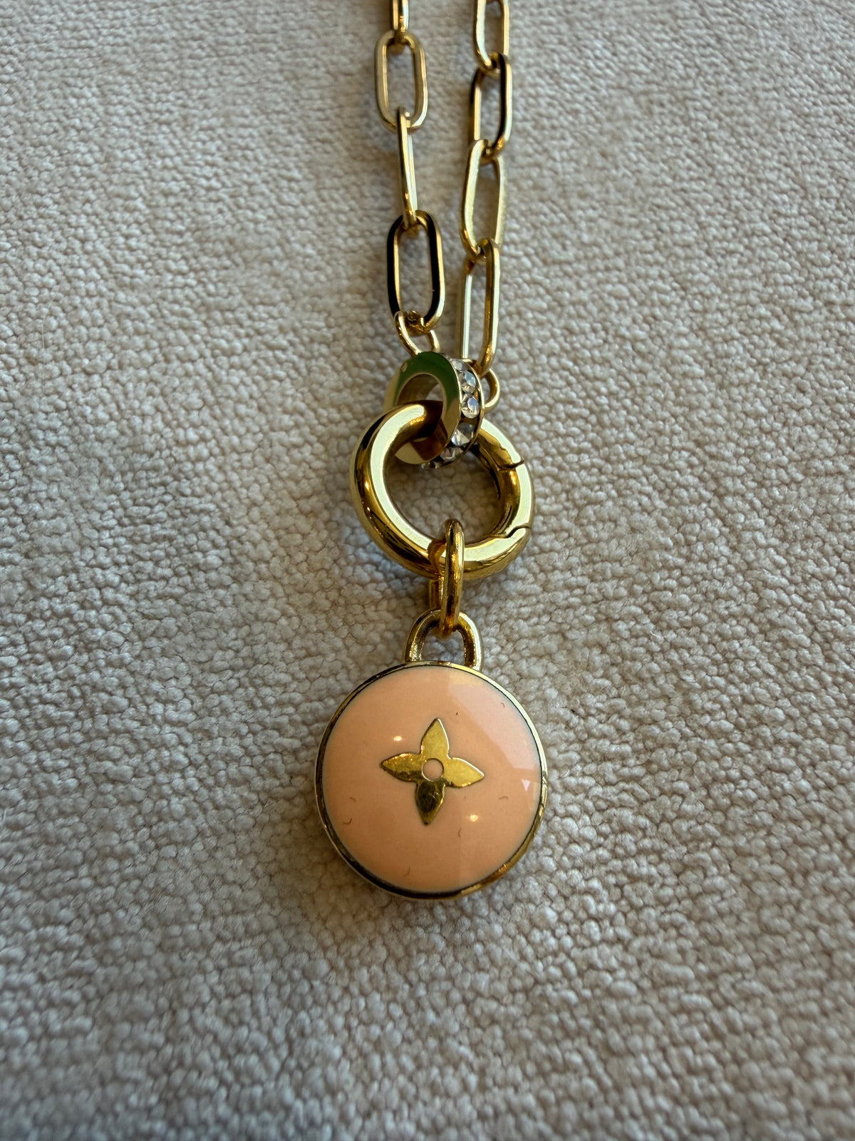 Reworked Louis Vuitton Gold Pastilles Peach Flower Charm Necklace