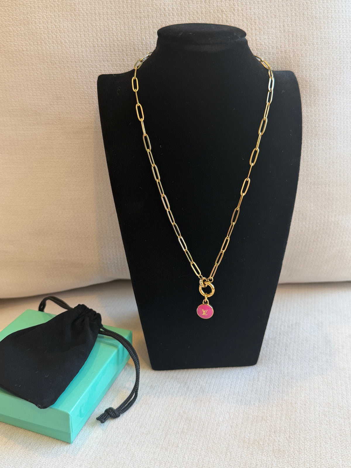 Reworked Louis Vuitton Gold Pastilles Fuchsia LV Logo Charm Necklace