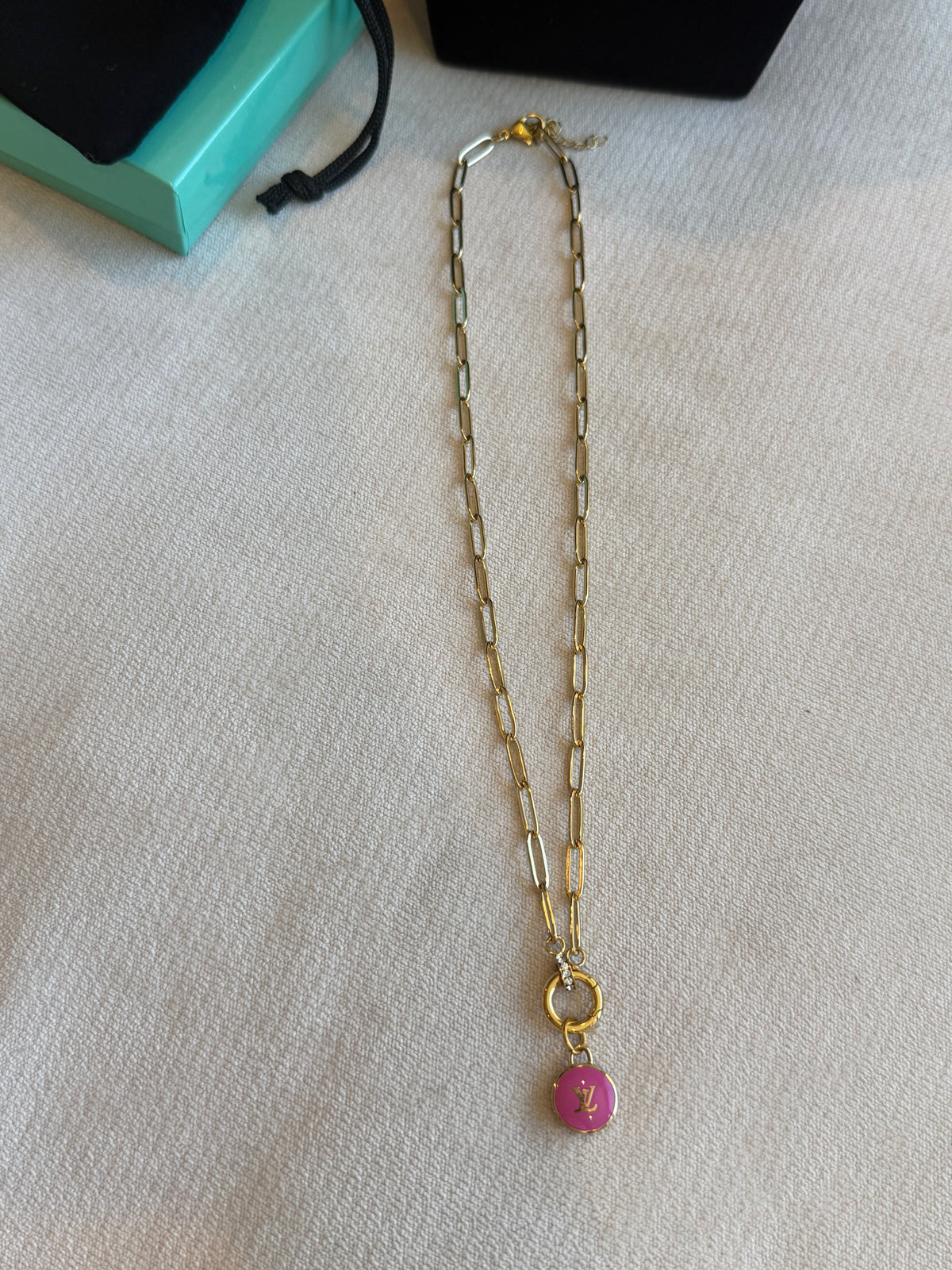 Reworked Louis Vuitton Gold Pastilles Fuchsia LV Logo Charm Necklace