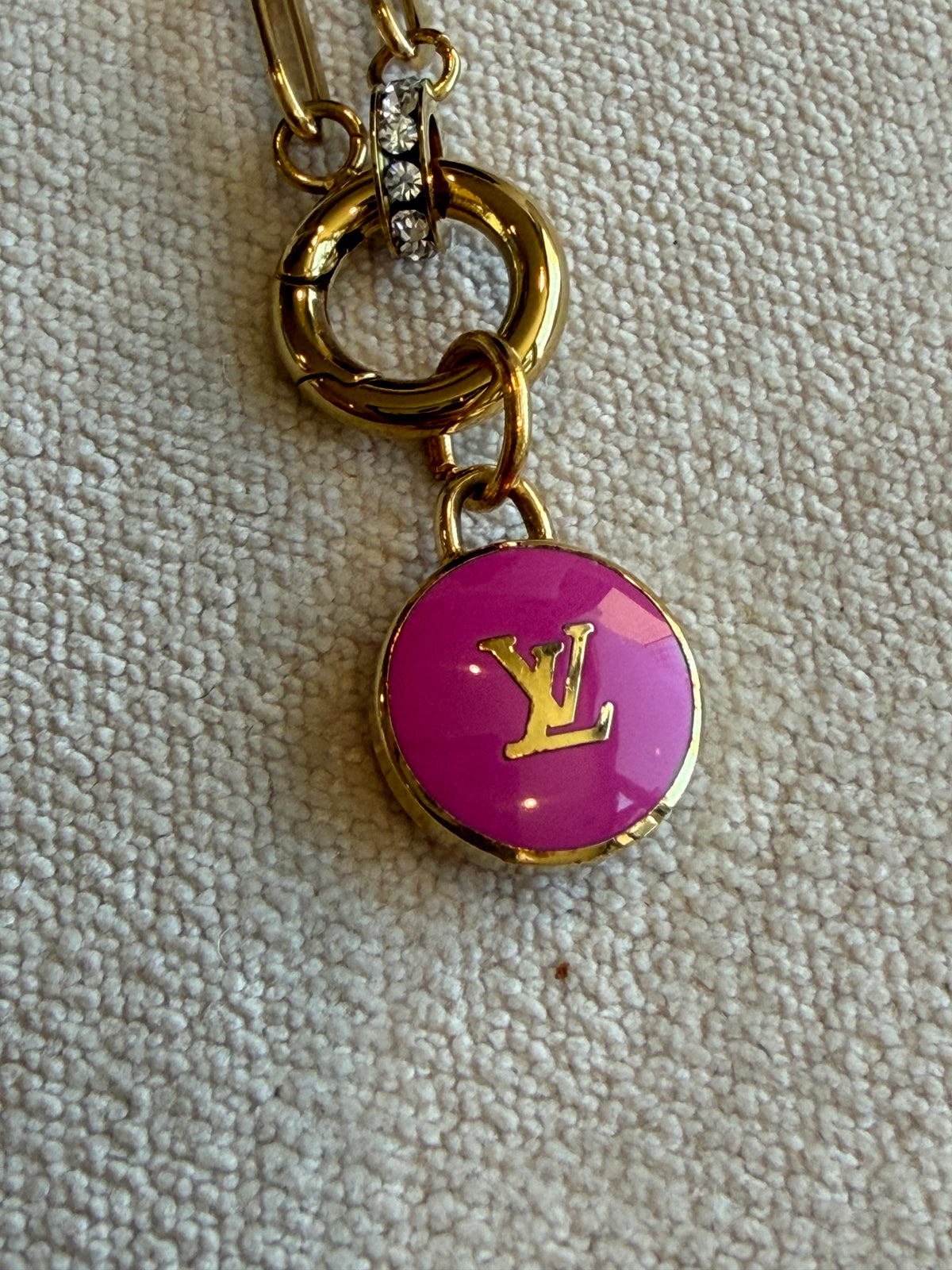 Reworked Louis Vuitton Gold Pastilles Fuchsia LV Logo Charm Necklace