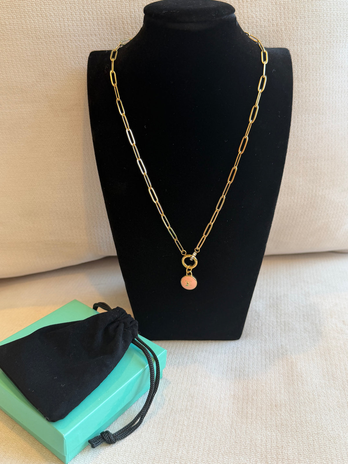 Reworked Louis Vuitton Gold Pastilles Pink LV Logo Charm Necklace