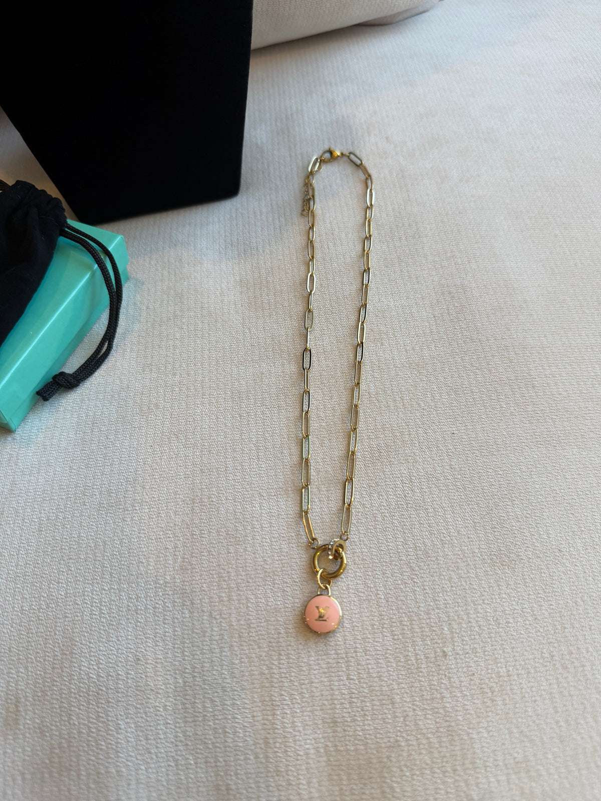 Reworked Louis Vuitton Gold Pastilles Pink LV Logo Charm Necklace